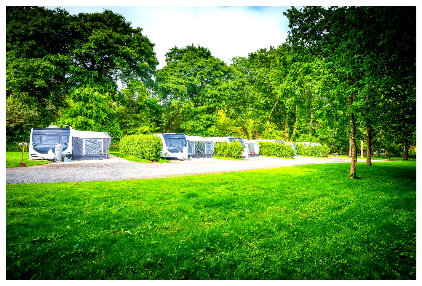Fun Touring Caravan accommodation at Pinetum Gardens Cornwall with woodland setting